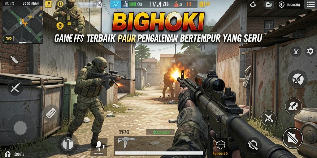 Tangkapan layar gameplay BIGHOKI menampilkan aksi FPS yang mendebarkan.